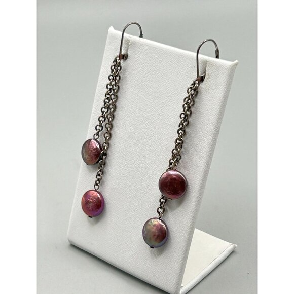 Sterling & Pearl Dangles Genuine Cultivate Lentil Pearls Purple Dyed Lever Back - Picture 4 of 6